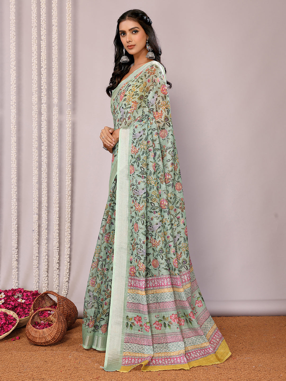 Janasya Sage Green Cotton Linen Floral Printed Grab2Buy 