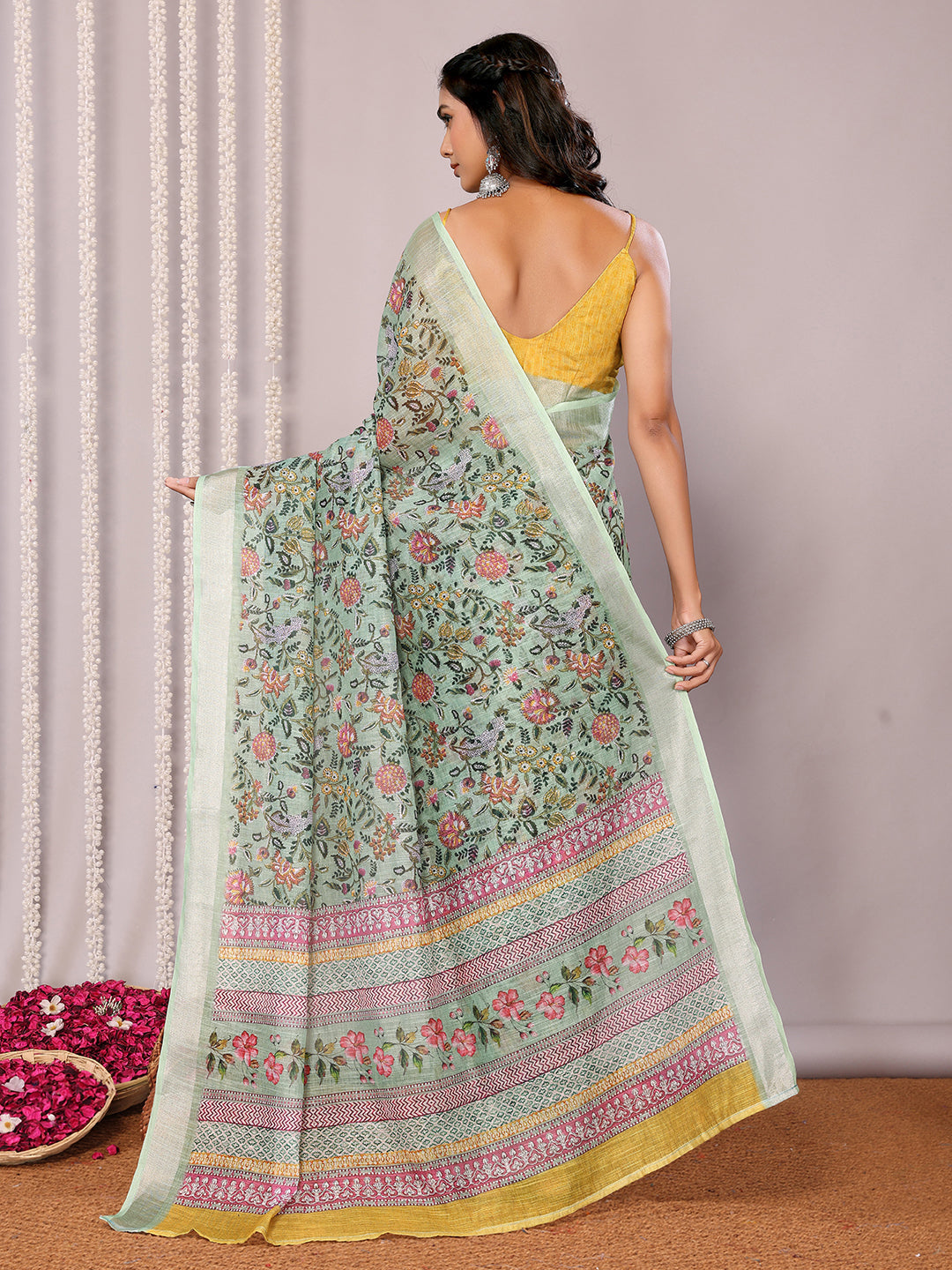Janasya Sage Green Cotton Linen Floral Printed Grab2Buy 