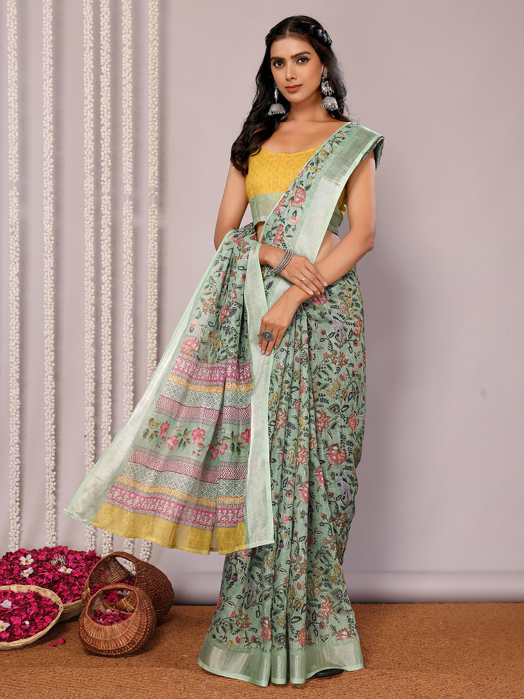 Janasya Sage Green Cotton Linen Floral Printed Grab2Buy 