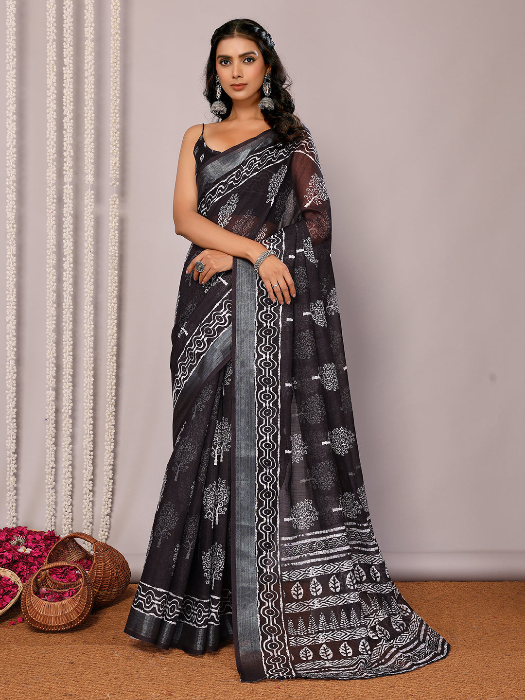 Janasya Black Cotton Linen Floral Printed Grab2Buy 