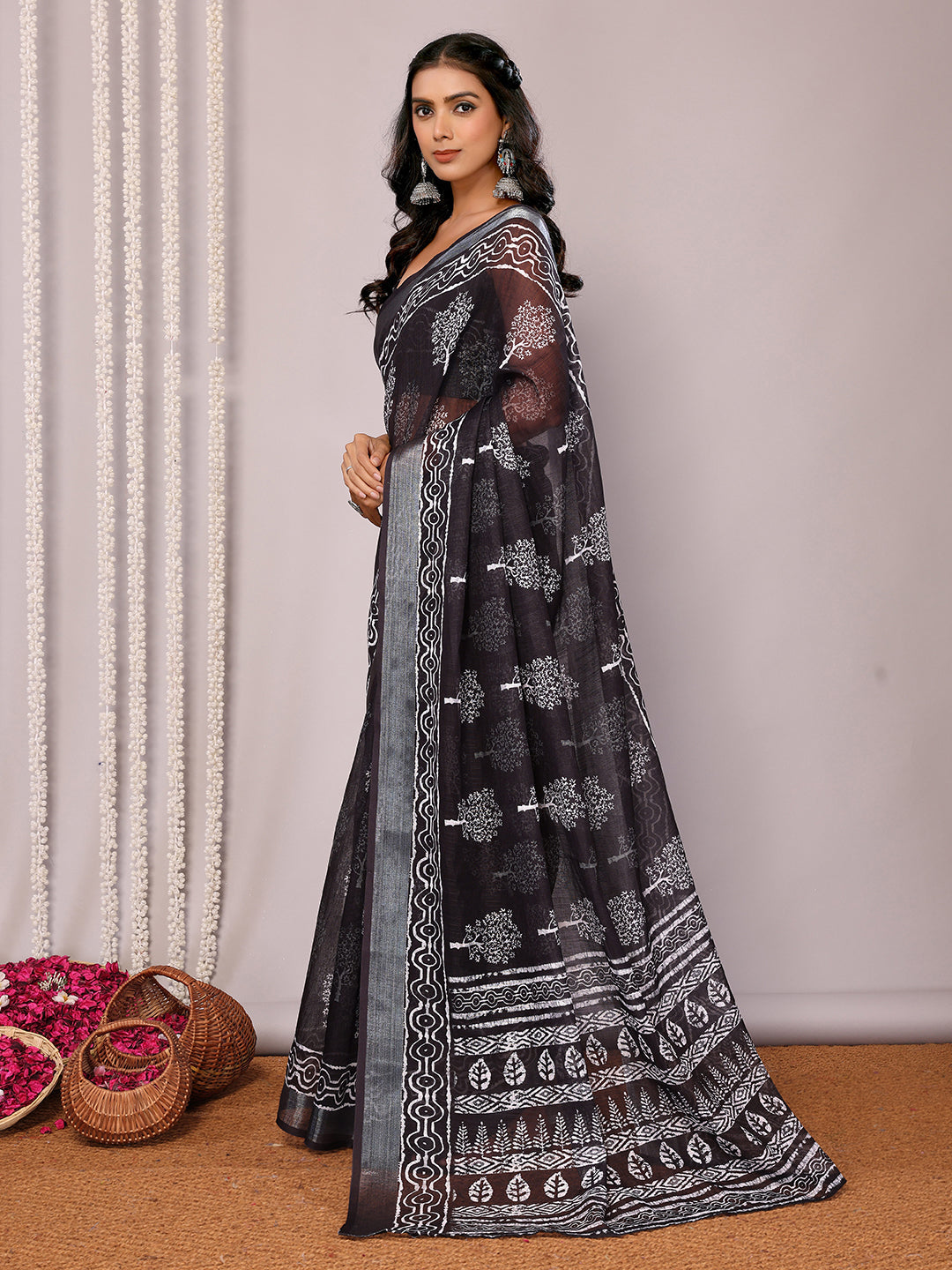 Janasya Black Cotton Linen Floral Printed Grab2Buy 