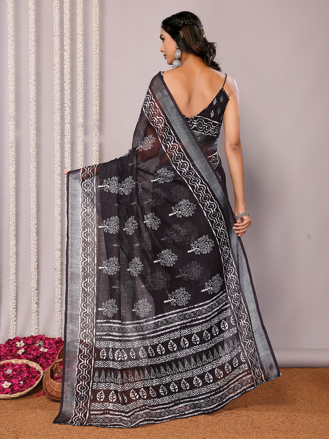Janasya Black Cotton Linen Floral Printed Grab2Buy 
