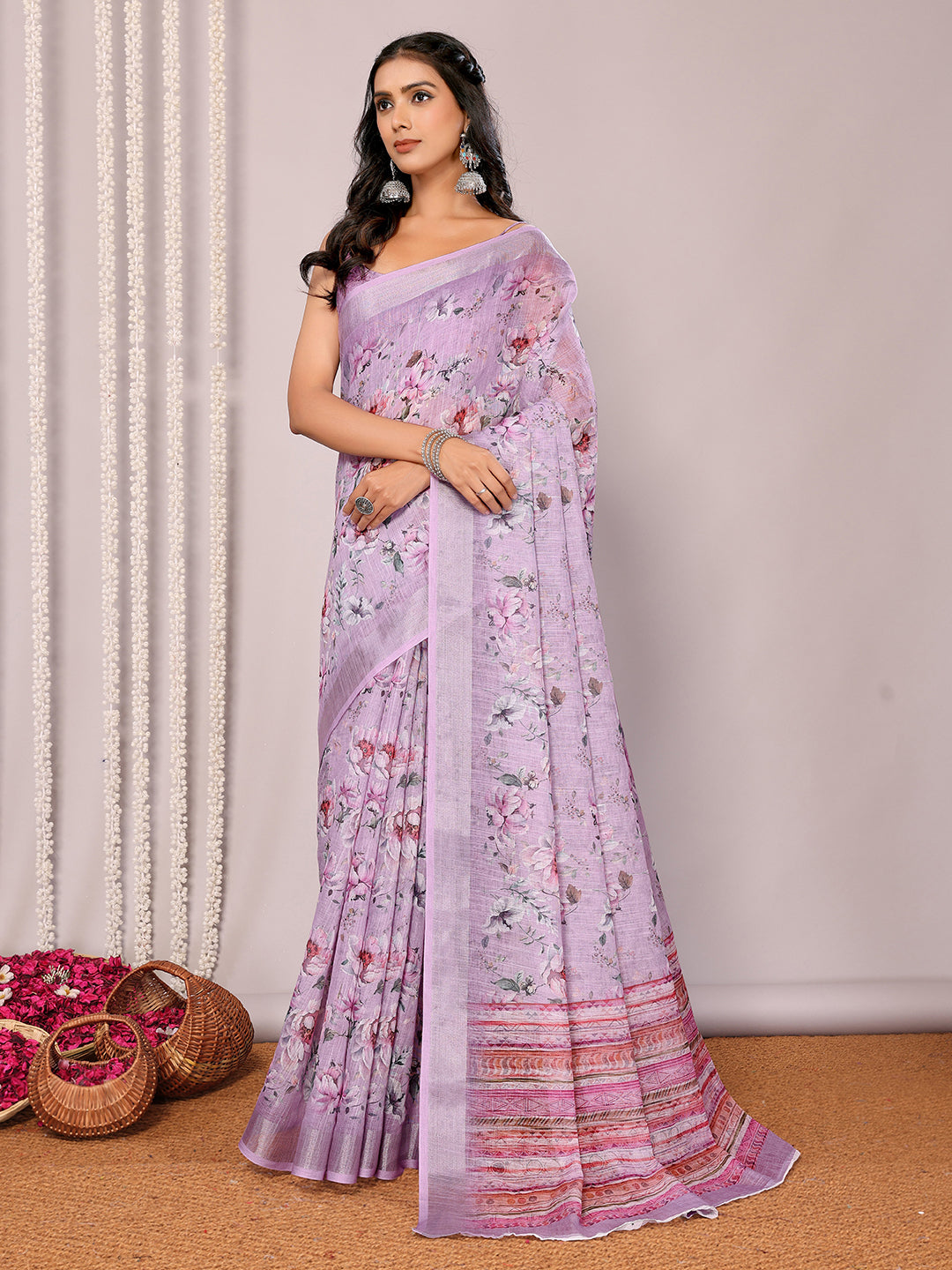 Janasya Lavender Cotton Linen Floral Printed Grab2Buy 
