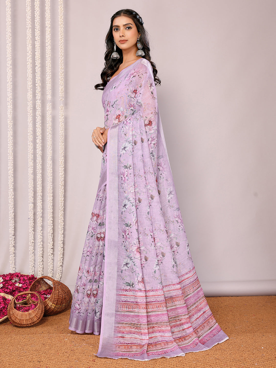 Janasya Lavender Cotton Linen Floral Printed Grab2Buy 