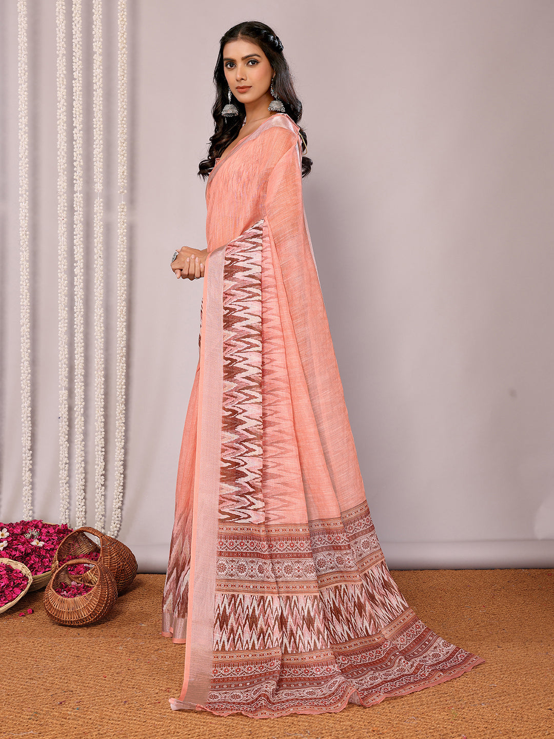Janasya Peach Cotton Linen Ikkat Printed Grab2Buy 