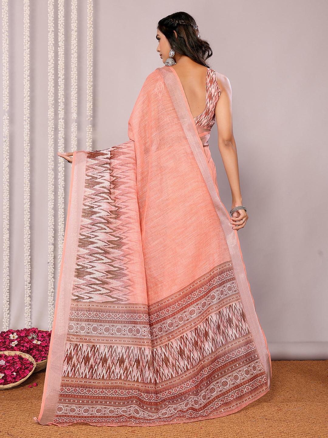 Janasya Peach Cotton Linen Ikkat Printed Grab2Buy 