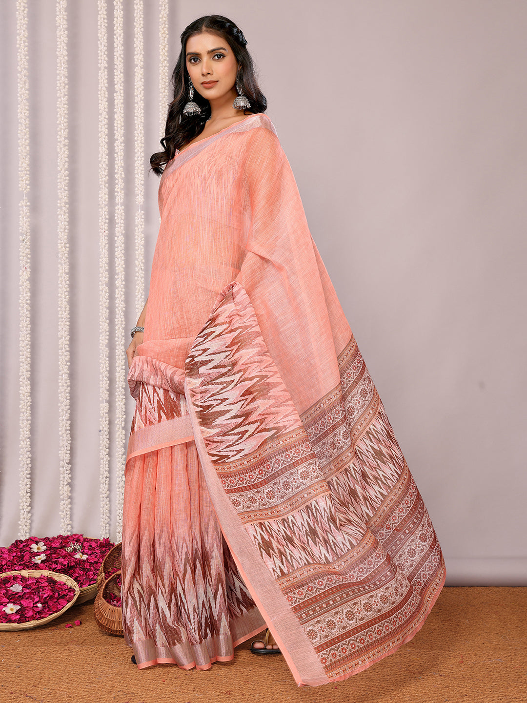 Janasya Peach Cotton Linen Ikkat Printed Grab2Buy 