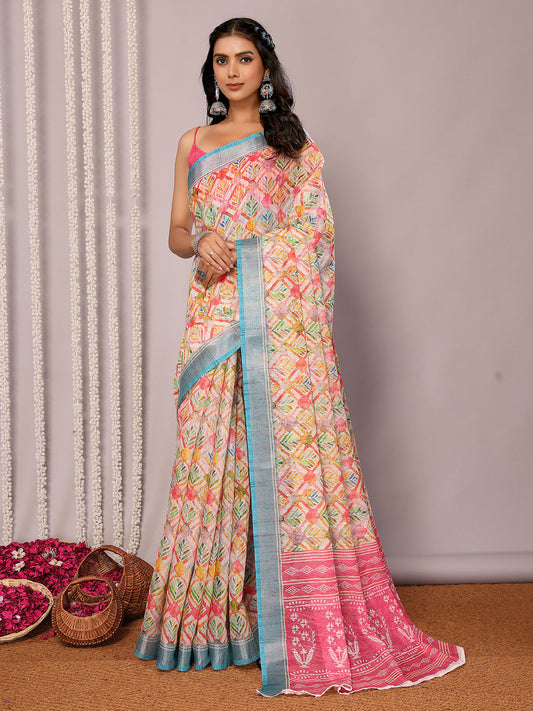 Janasya Multicolor Cotton Linen Floral Printed Grab2Buy