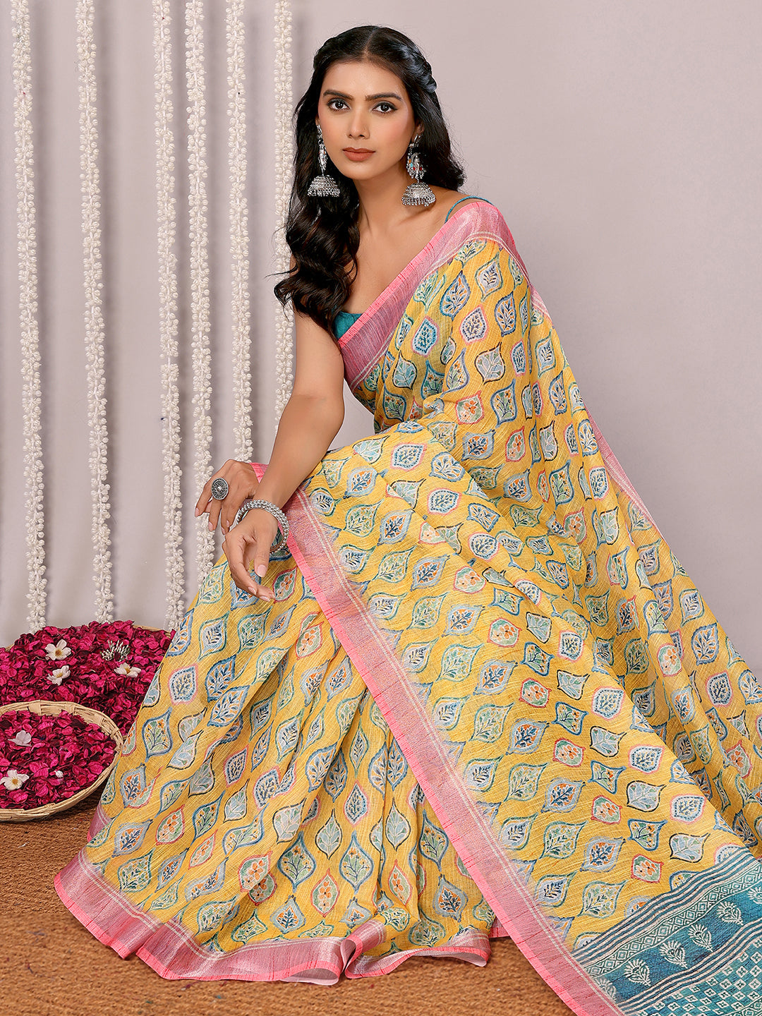 Janasya Yellow Cotton Linen Ethnic Motifs Printed Grab2Buy 