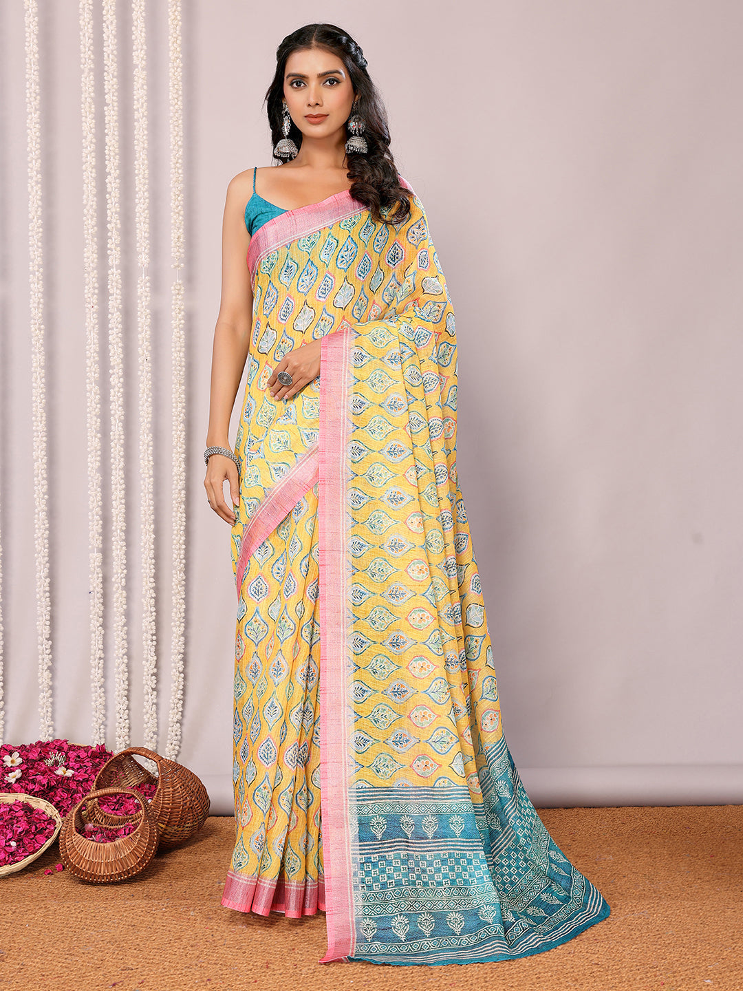 Janasya Yellow Cotton Linen Ethnic Motifs Printed Grab2Buy 