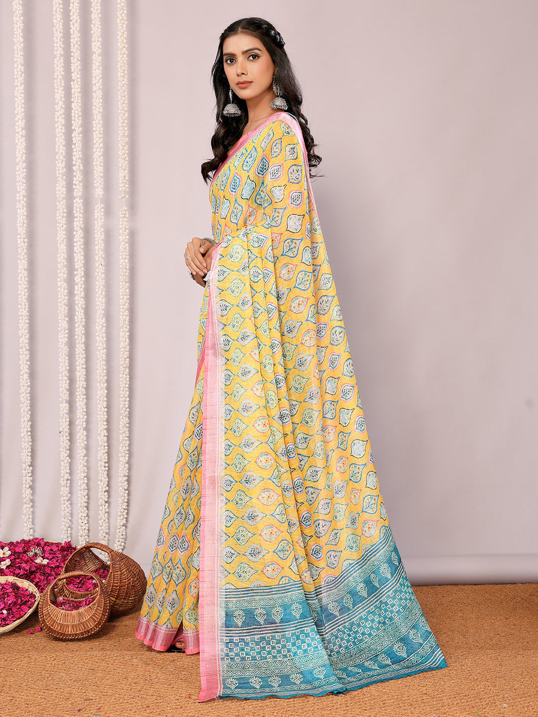 Janasya Yellow Cotton Linen Ethnic Motifs Printed Grab2Buy 