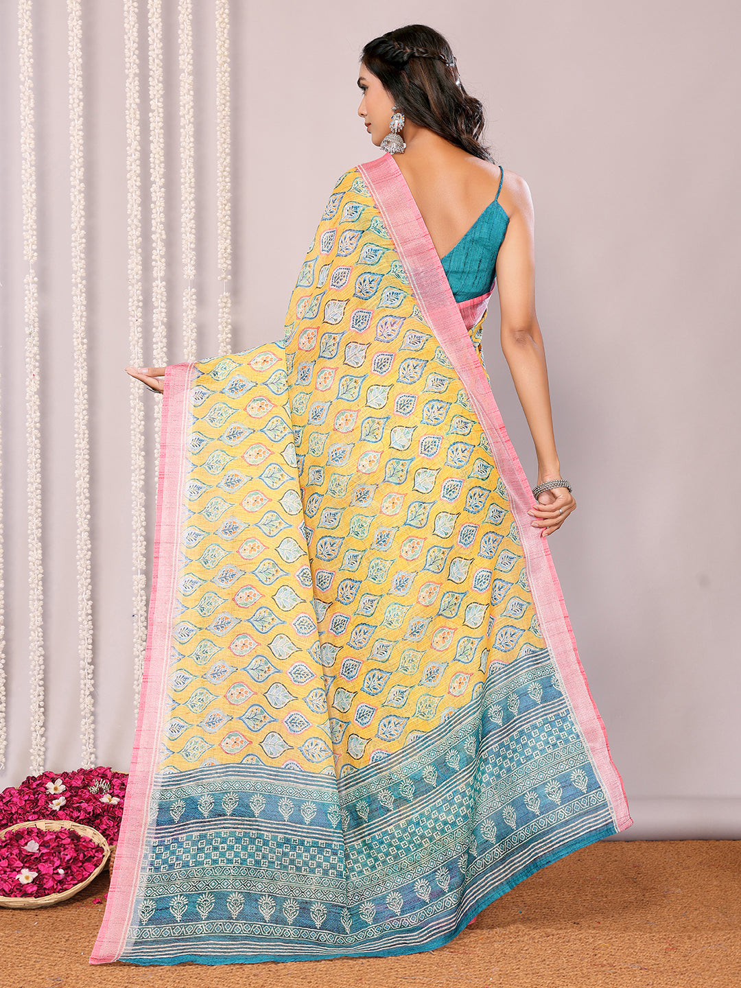 Janasya Yellow Cotton Linen Ethnic Motifs Printed Grab2Buy 