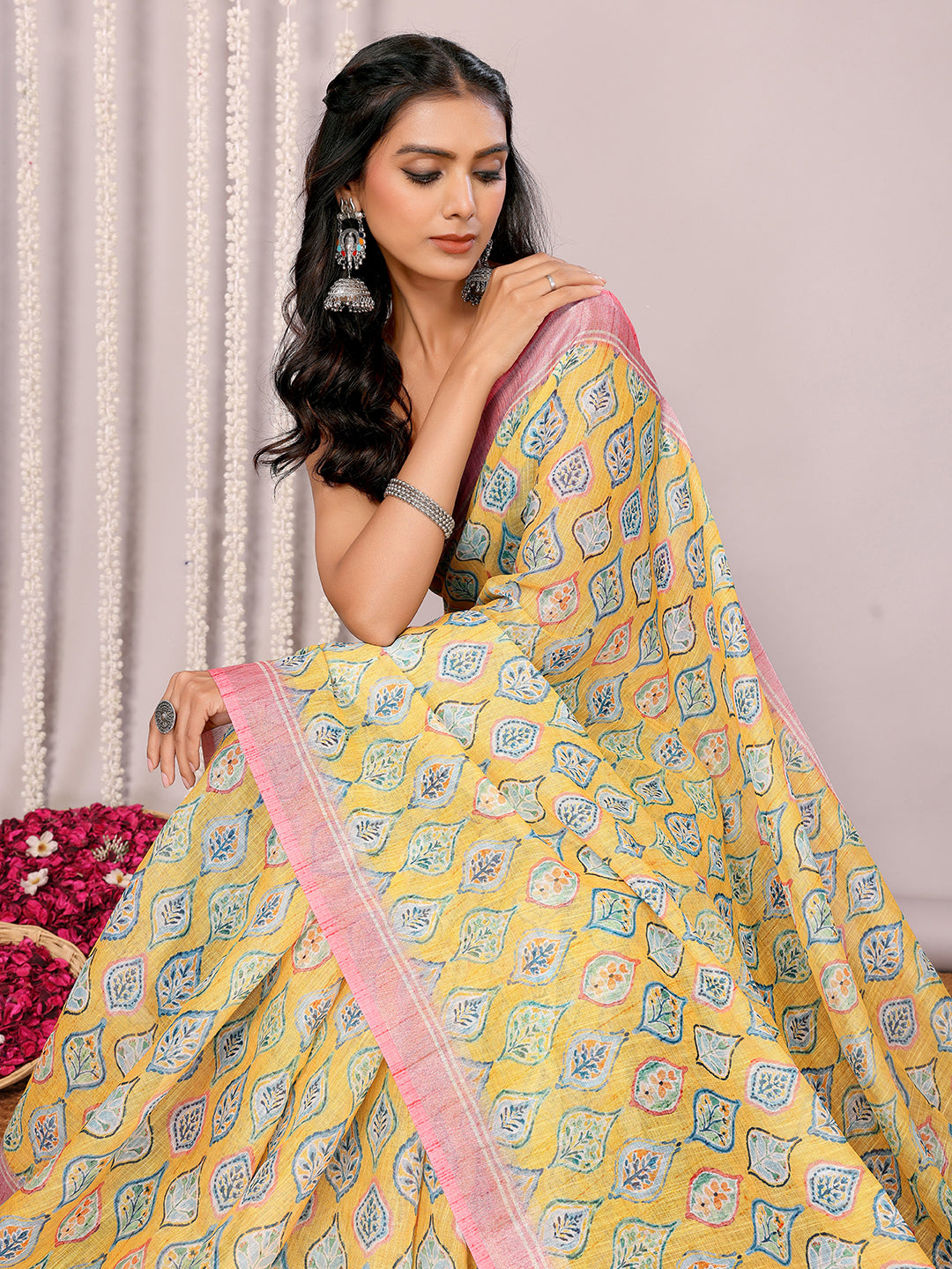 Janasya Yellow Cotton Linen Ethnic Motifs Printed Grab2Buy 