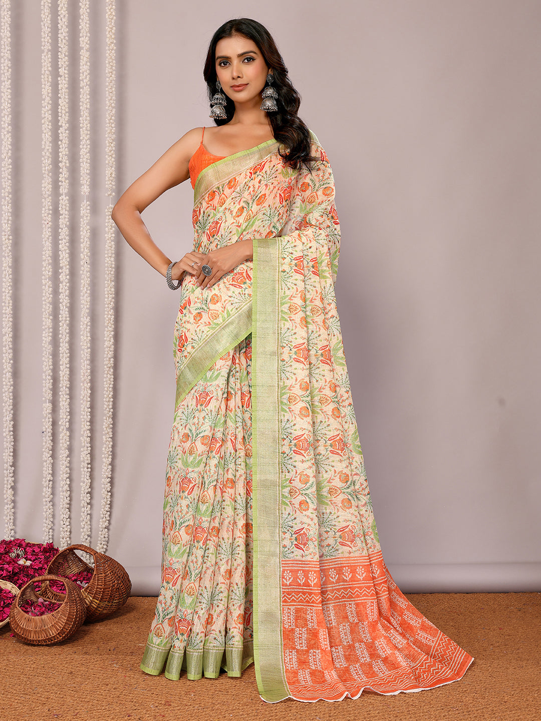 Janasya Light Green Cotton Linen Floral Printed Grab2Buy 