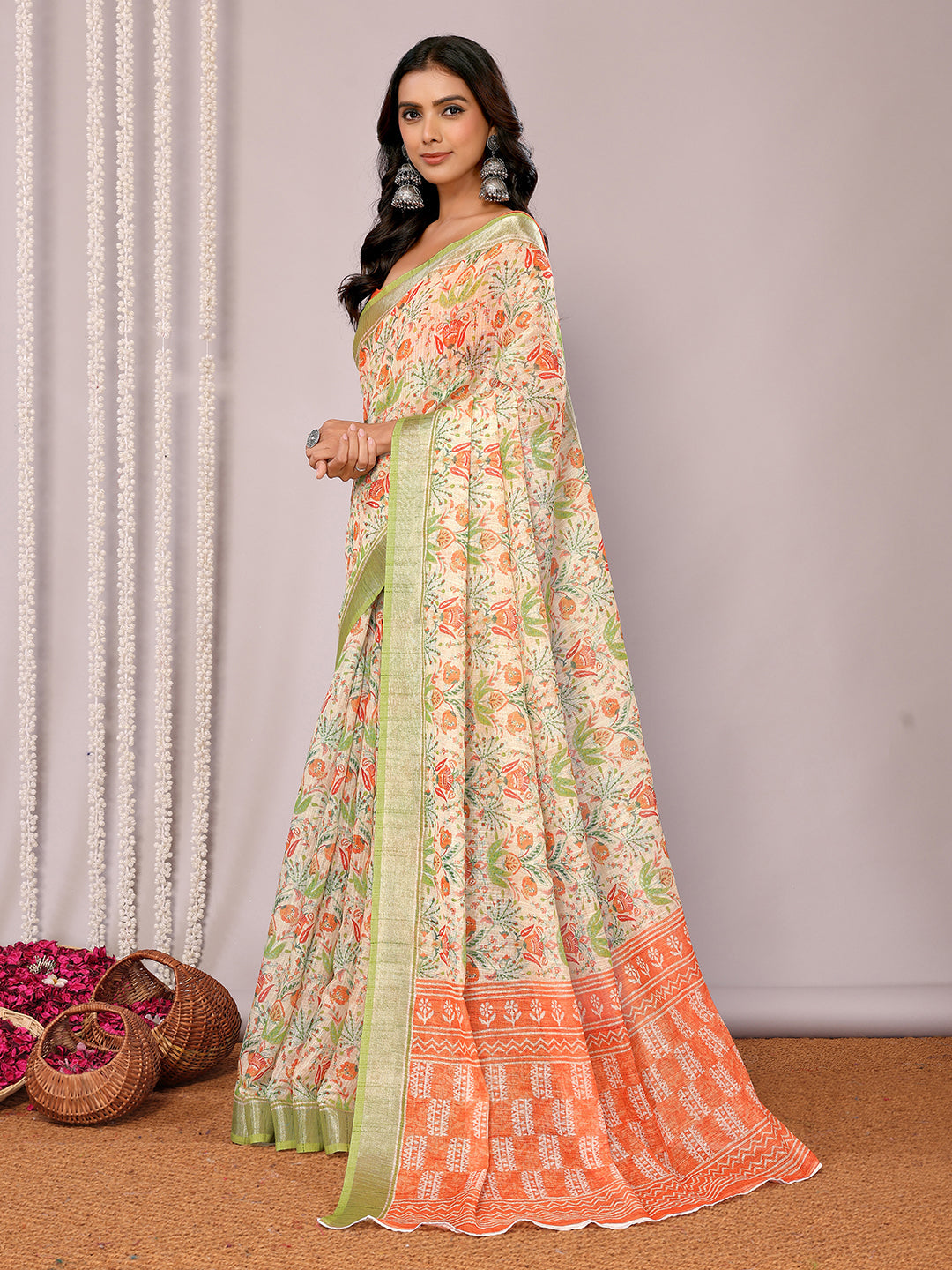 Janasya Light Green Cotton Linen Floral Printed Grab2Buy 