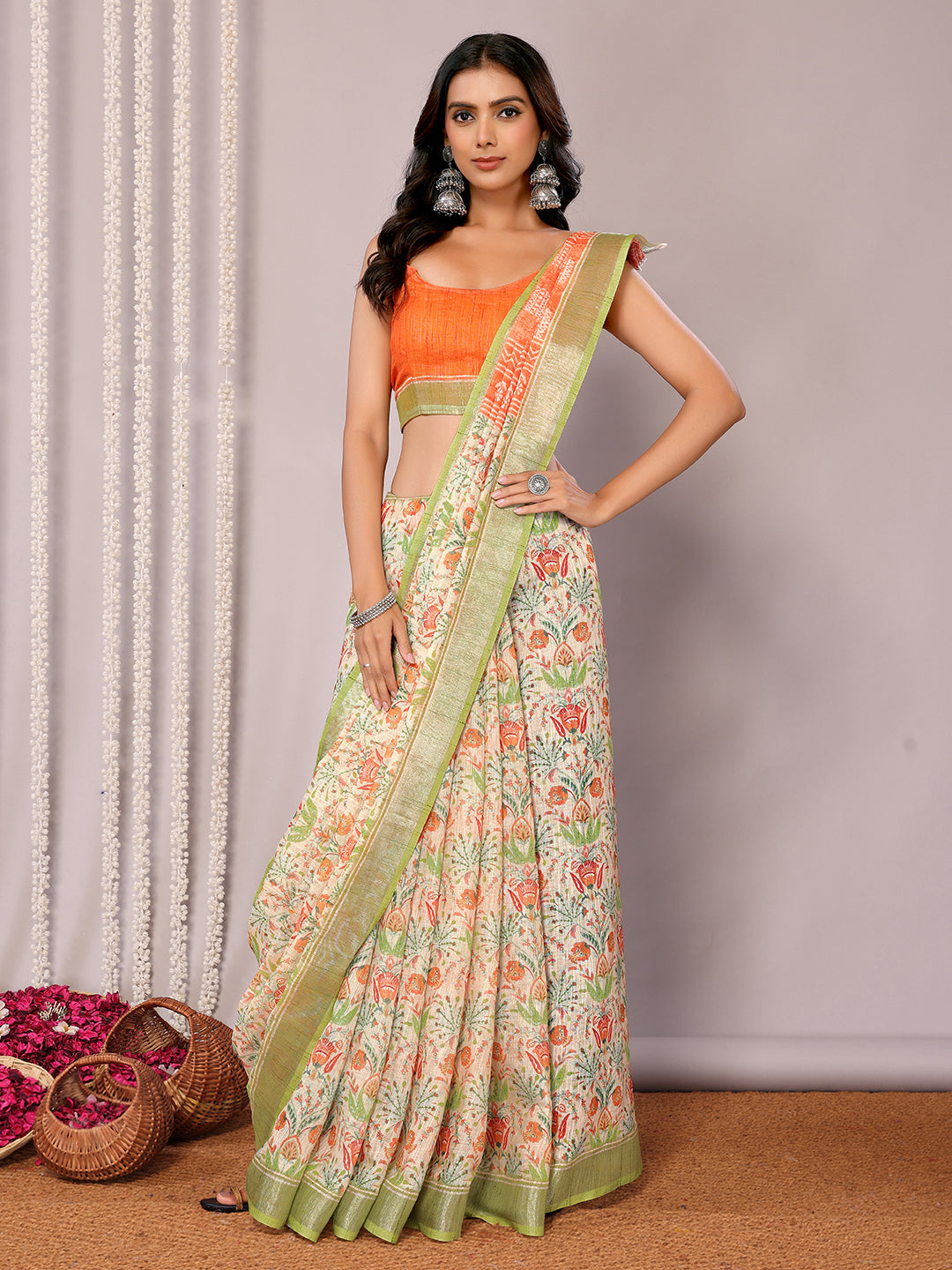 Janasya Light Green Cotton Linen Floral Printed Grab2Buy 