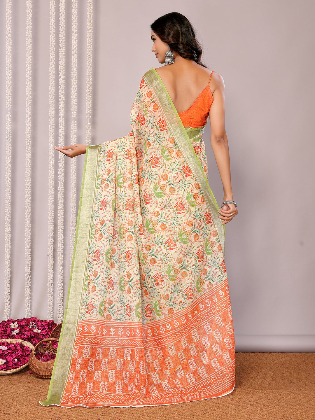Janasya Light Green Cotton Linen Floral Printed Grab2Buy 