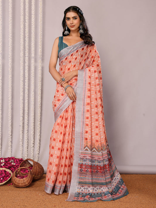 Janasya Orange Cotton Linen Block Print Printed Grab2Buy 