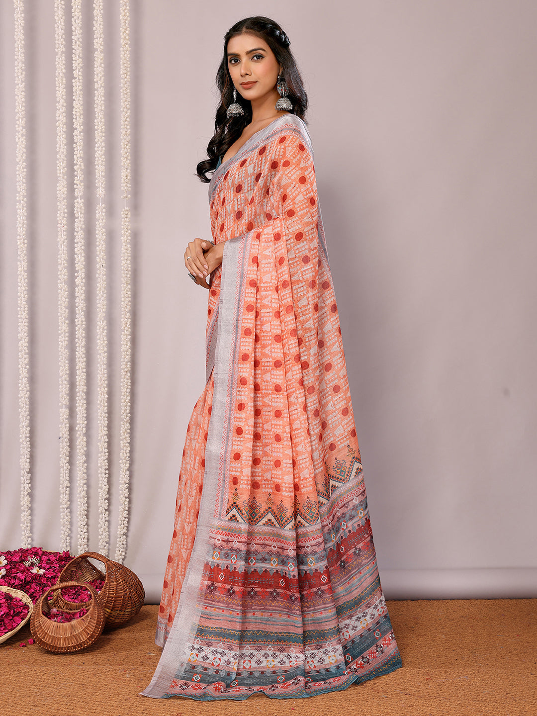 Janasya Orange Cotton Linen Block Print Printed Grab2Buy 