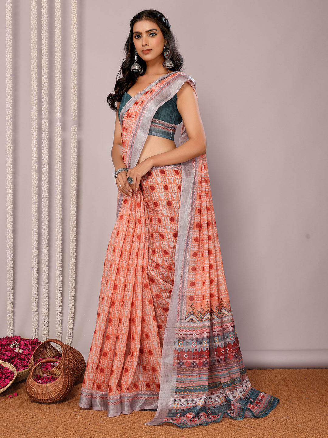 Janasya Orange Cotton Linen Block Print Printed Grab2Buy 