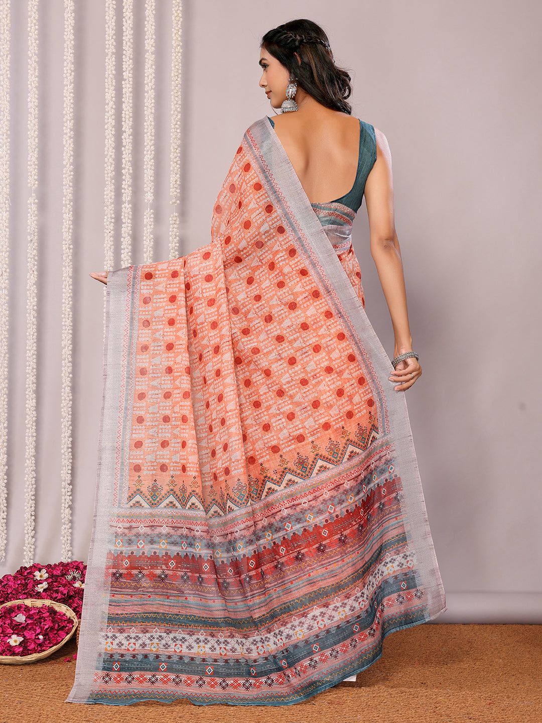 Janasya Orange Cotton Linen Block Print Printed Grab2Buy 