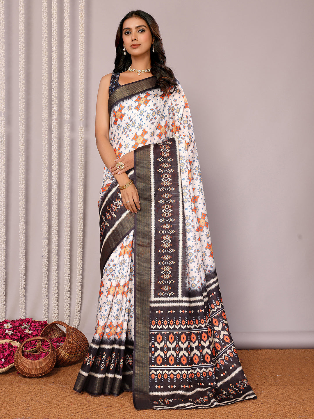 Janasya White & Black Chanderi Silk Ikkat Printed Grab2Buy 