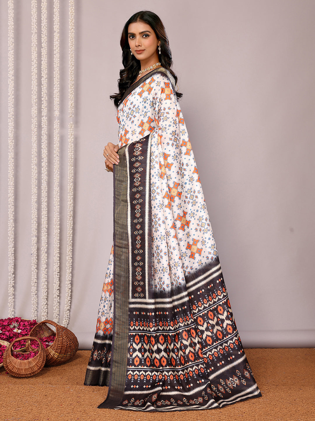 Janasya White & Black Chanderi Silk Ikkat Printed Grab2Buy 