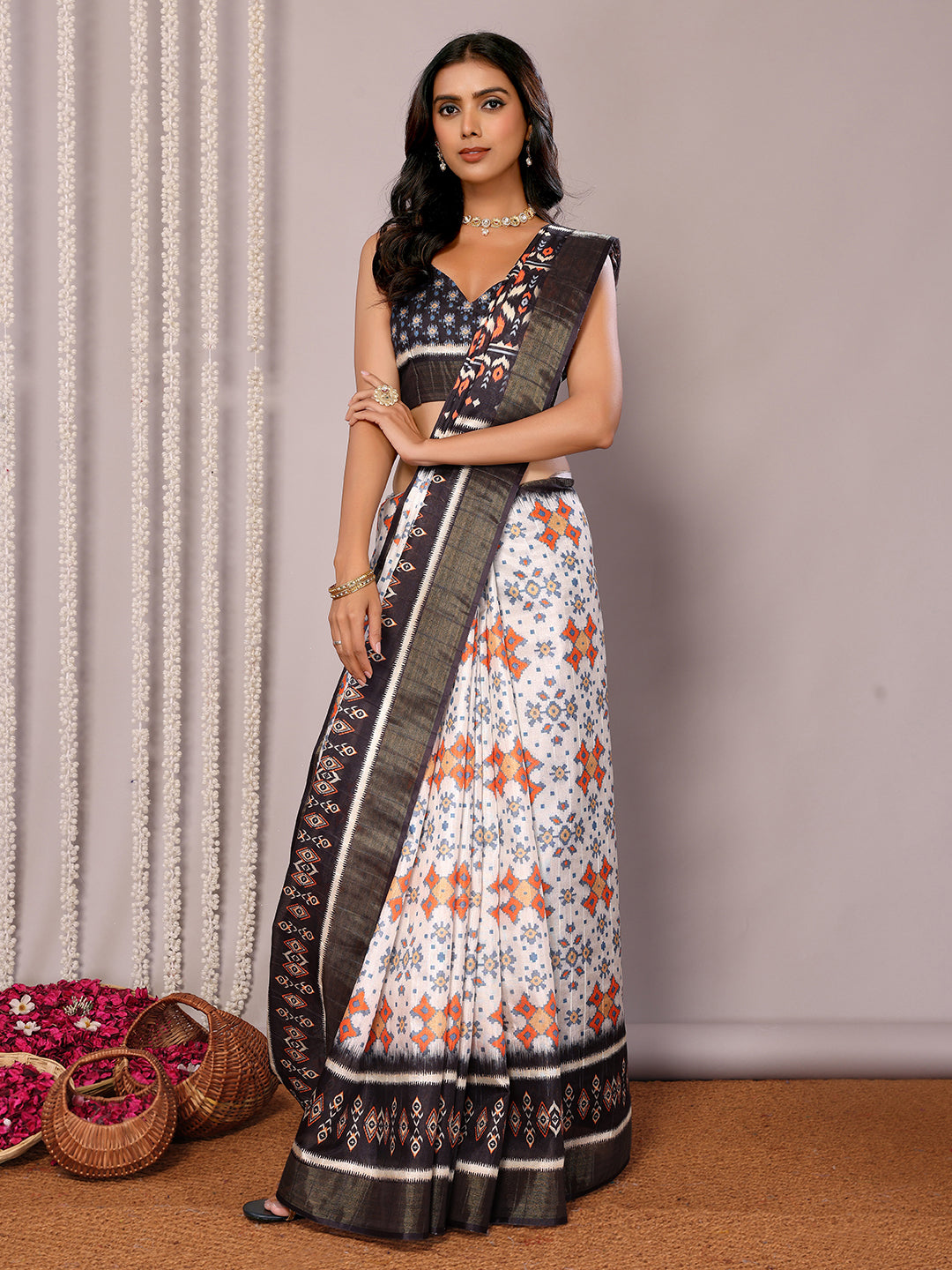 Janasya White & Black Chanderi Silk Ikkat Printed Grab2Buy 