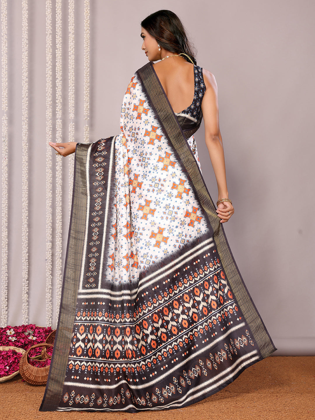 Janasya White & Black Chanderi Silk Ikkat Printed Grab2Buy 