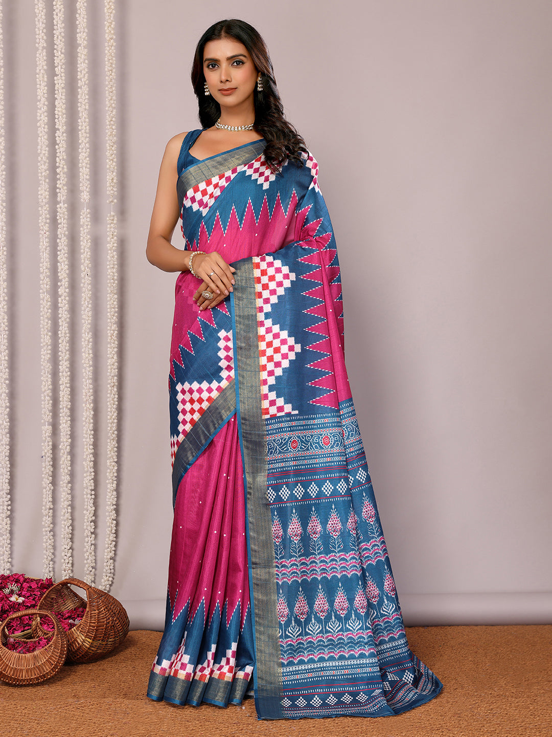 Janasya Pink & Blue Chanderi Silk Geometric Printed Grab2Buy 
