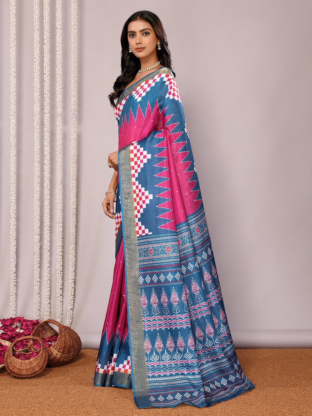 Janasya Pink & Blue Chanderi Silk Geometric Printed Grab2Buy 