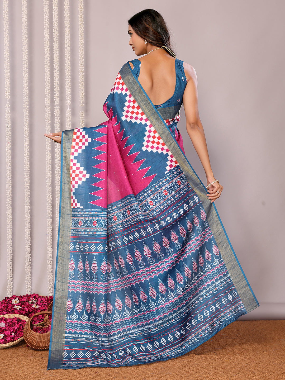 Janasya Pink & Blue Chanderi Silk Geometric Printed Grab2Buy 