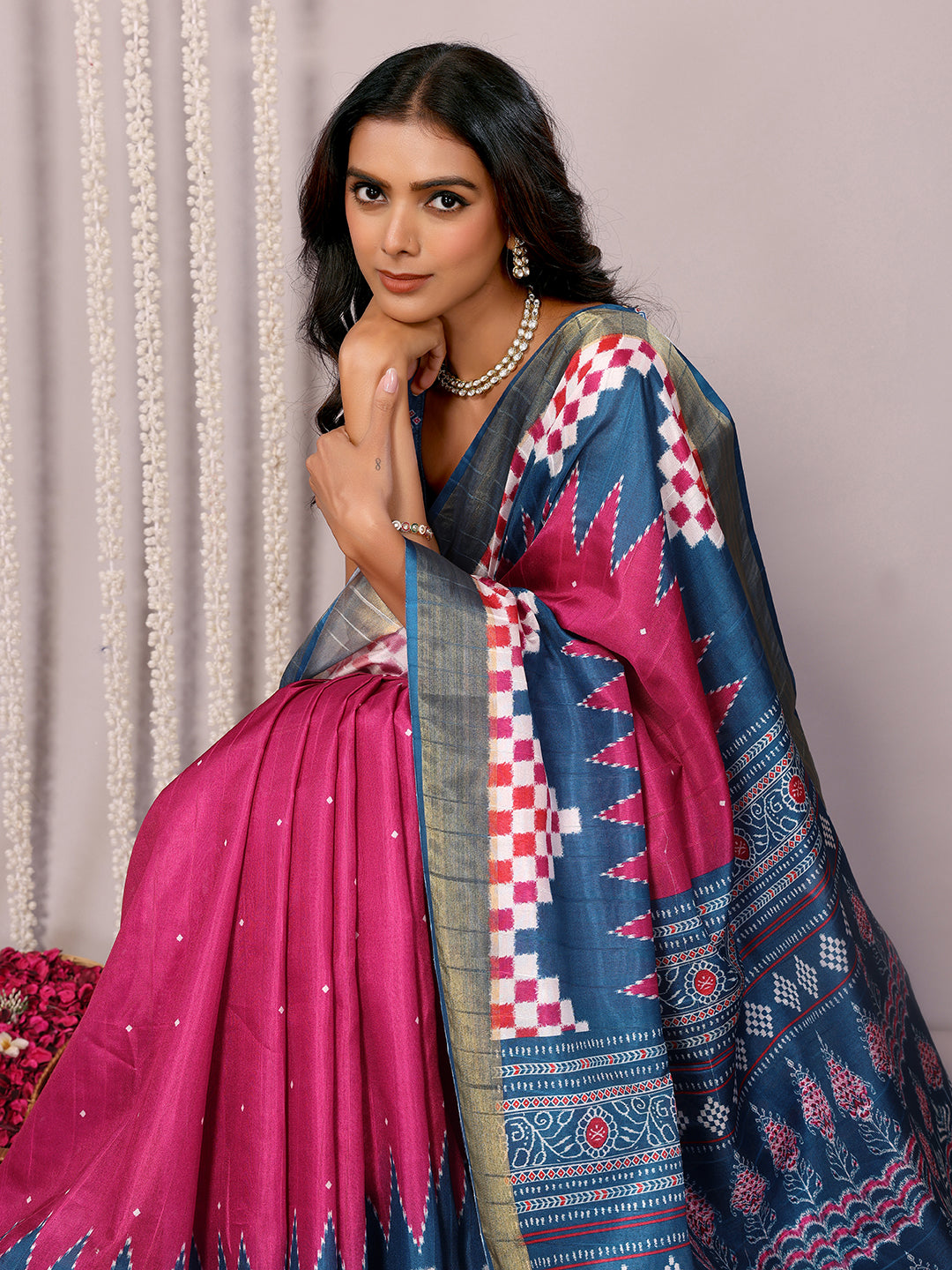 Janasya Pink & Blue Chanderi Silk Geometric Printed Grab2Buy 