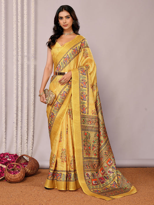 Janasya Yellow Chanderi Silk Kalamkari Printed Grab2Buy 