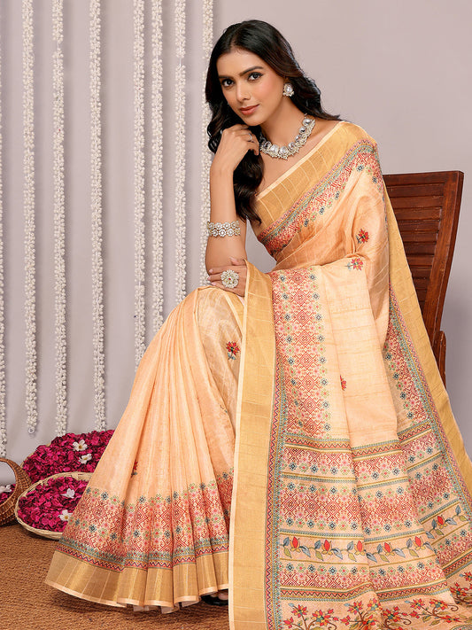 Janasya Beige Chanderi Silk Floral Printed Grab2Buy 