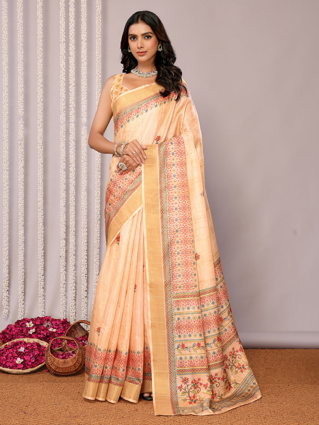 Janasya Beige Chanderi Silk Floral Printed Grab2Buy 