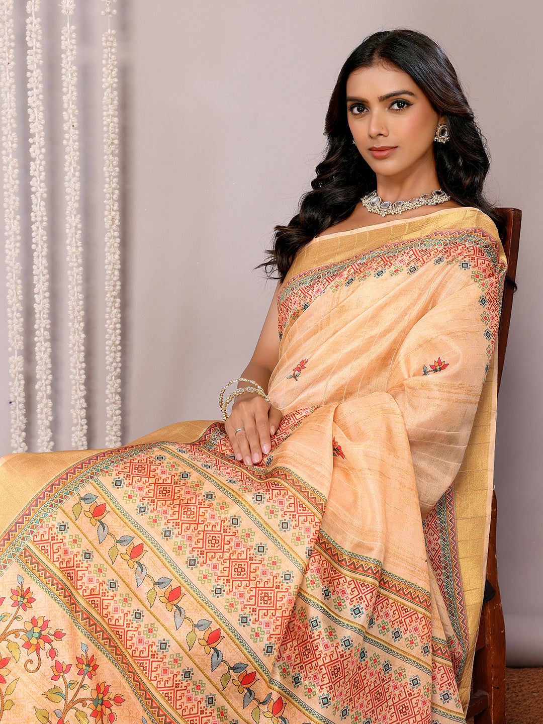 Janasya Beige Chanderi Silk Floral Printed Grab2Buy 