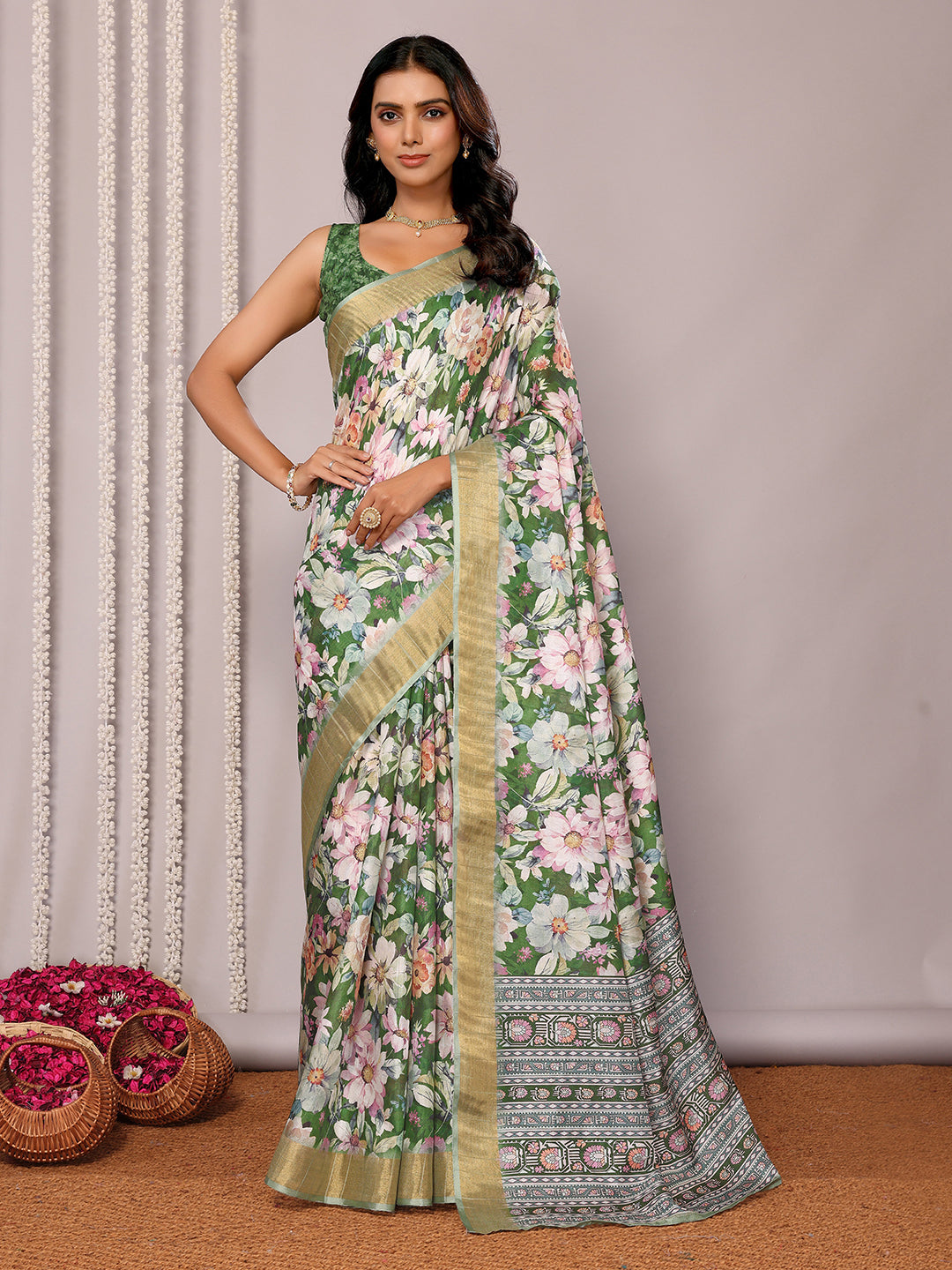 Janasya Green Chanderi Silk Floral Printed Grab2Buy 