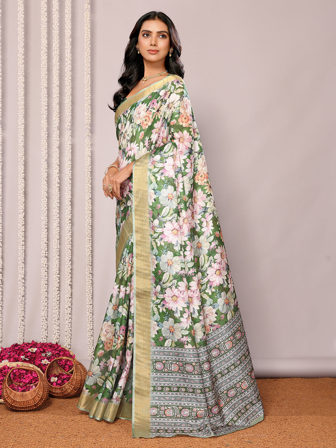 Janasya Green Chanderi Silk Floral Printed Grab2Buy 
