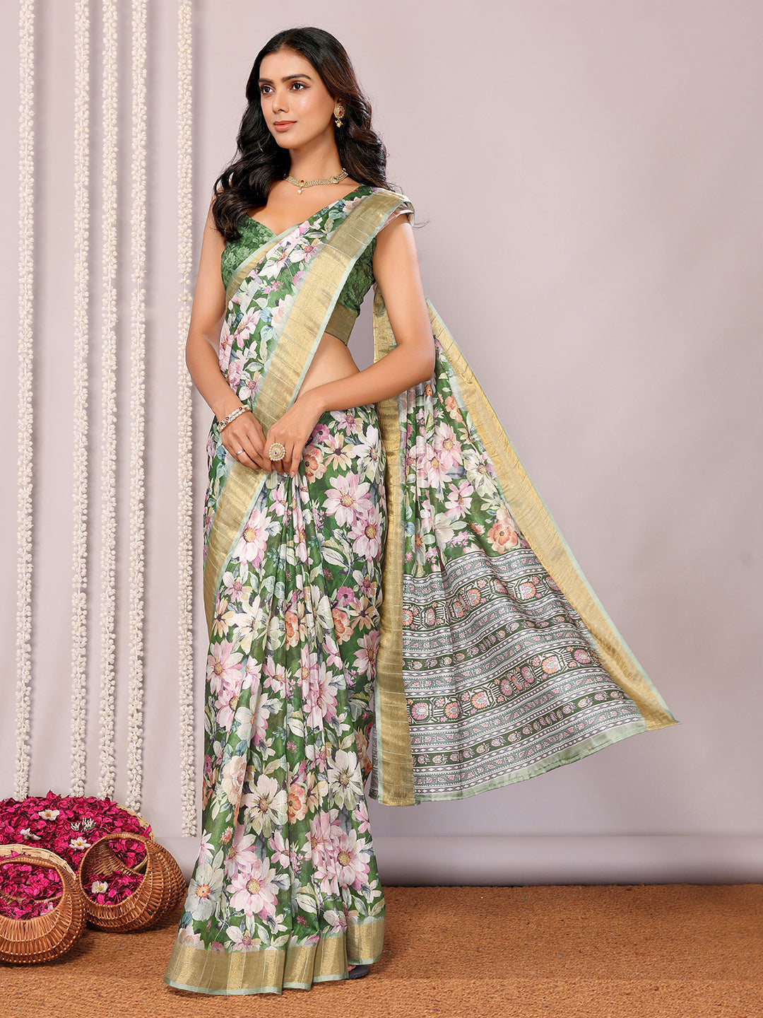 Janasya Green Chanderi Silk Floral Printed Grab2Buy 