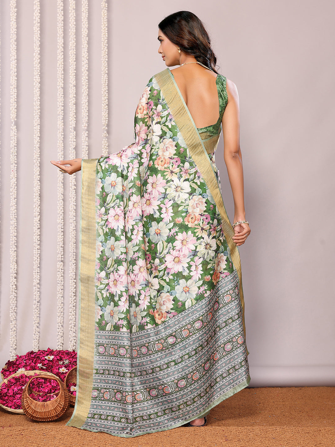 Janasya Green Chanderi Silk Floral Printed Grab2Buy 