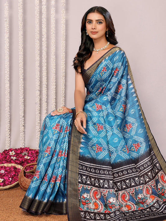 Janasya Blue Chanderi Silk Ikkat Printed Grab2Buy 