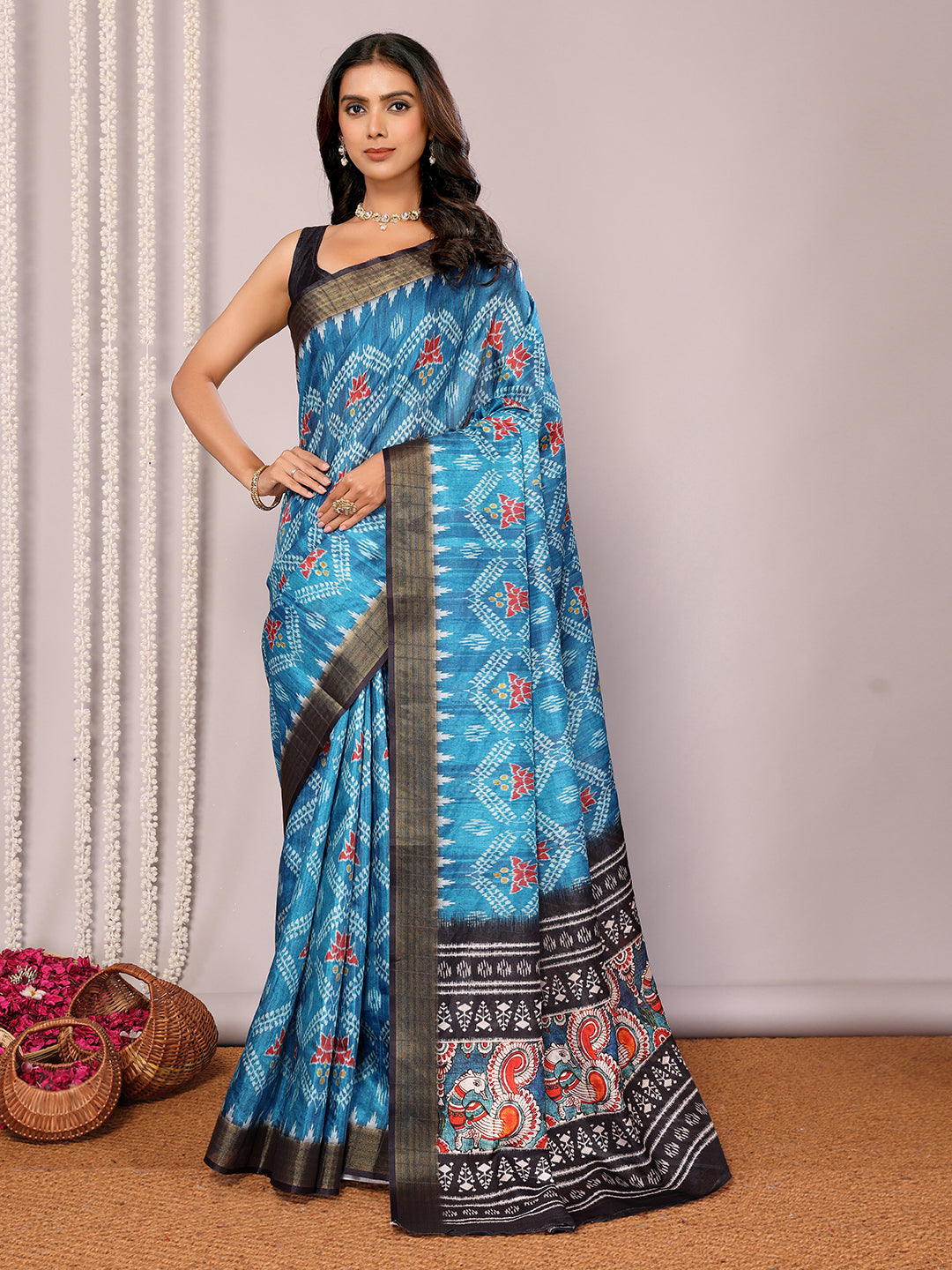 Janasya Blue Chanderi Silk Ikkat Printed Grab2Buy 
