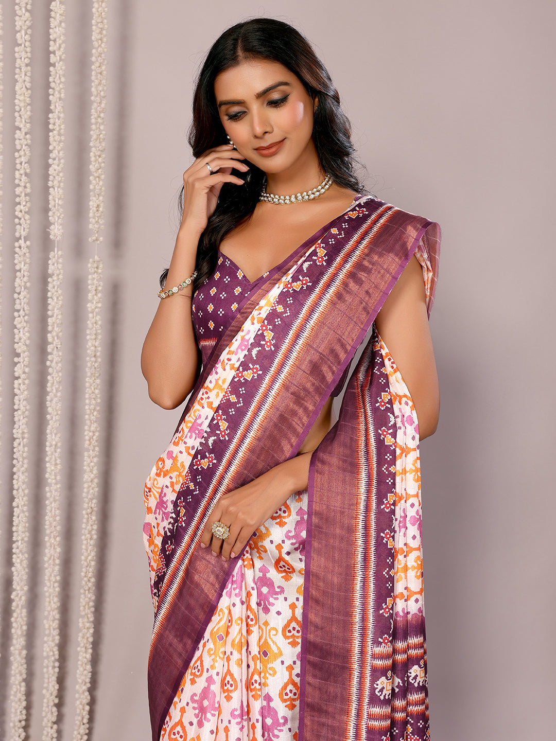 Janasya White & Purple Chanderi Silk Ikkat Printed Grab2Buy 