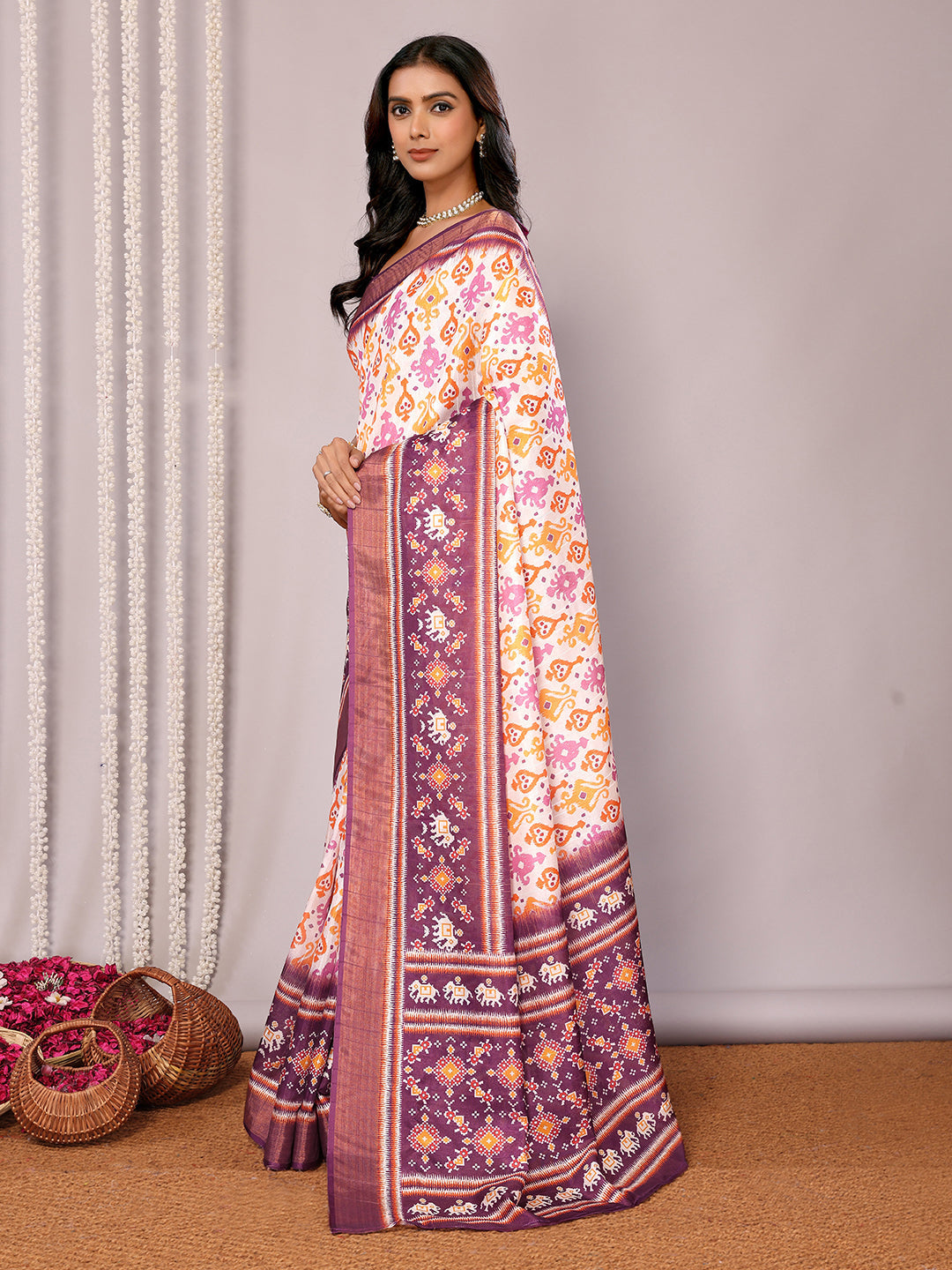 Janasya White & Purple Chanderi Silk Ikkat Printed Grab2Buy 