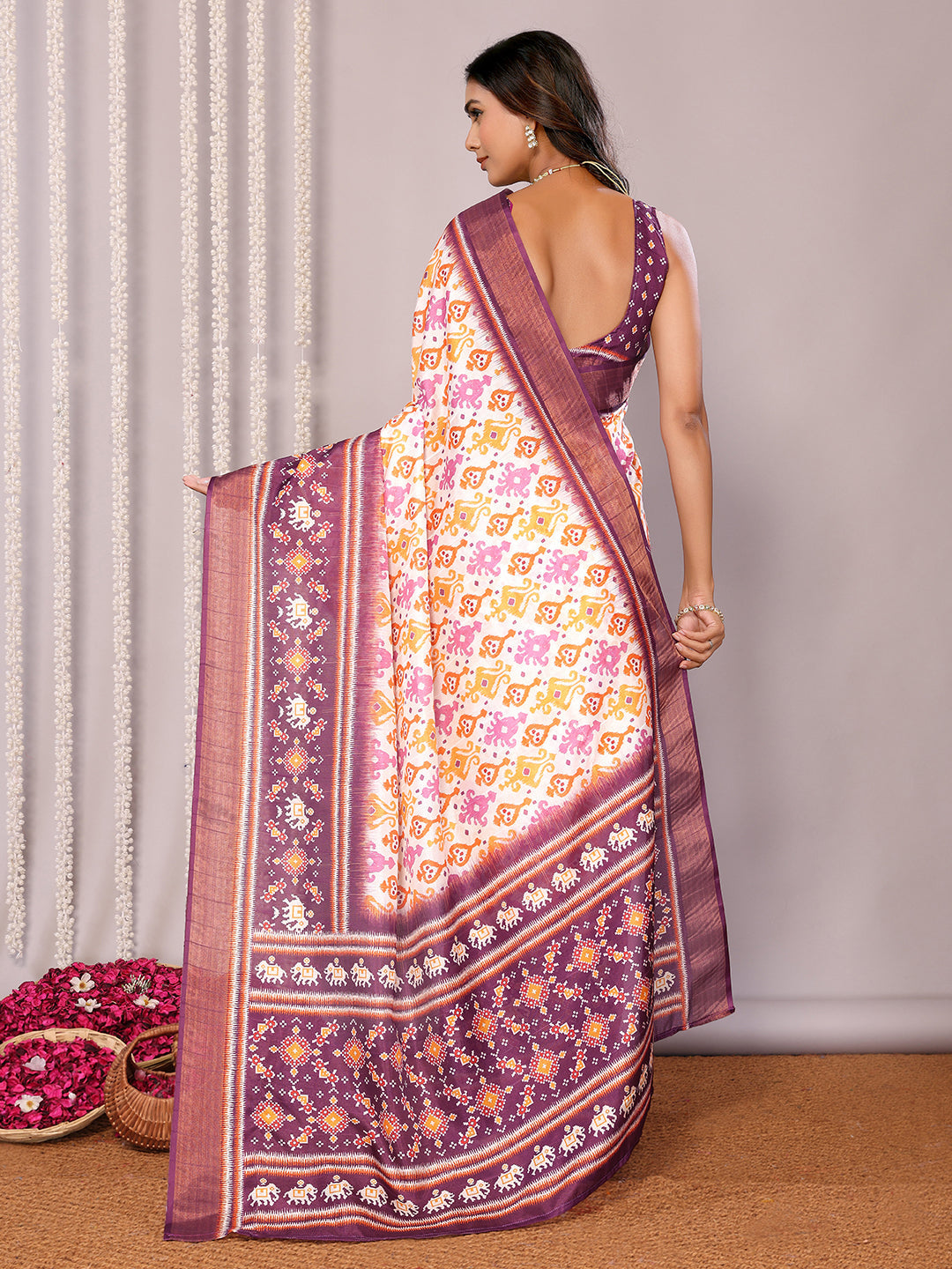 Janasya White & Purple Chanderi Silk Ikkat Printed Grab2Buy 
