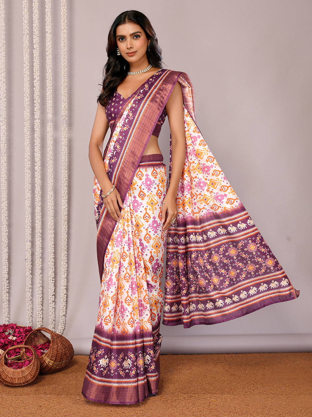 Janasya White & Purple Chanderi Silk Ikkat Printed Grab2Buy 