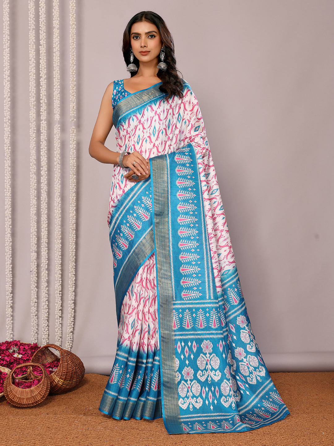 Janasya Blue Chanderi Silk Ikkat Printed Grab2Buy 