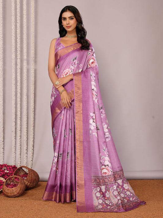 Janasya Purple Chanderi Silk Floral Printed Grab2Buy 