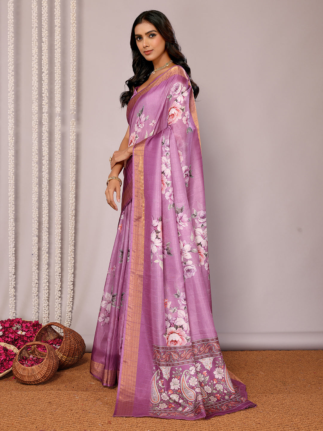 Janasya Purple Chanderi Silk Floral Printed Grab2Buy 